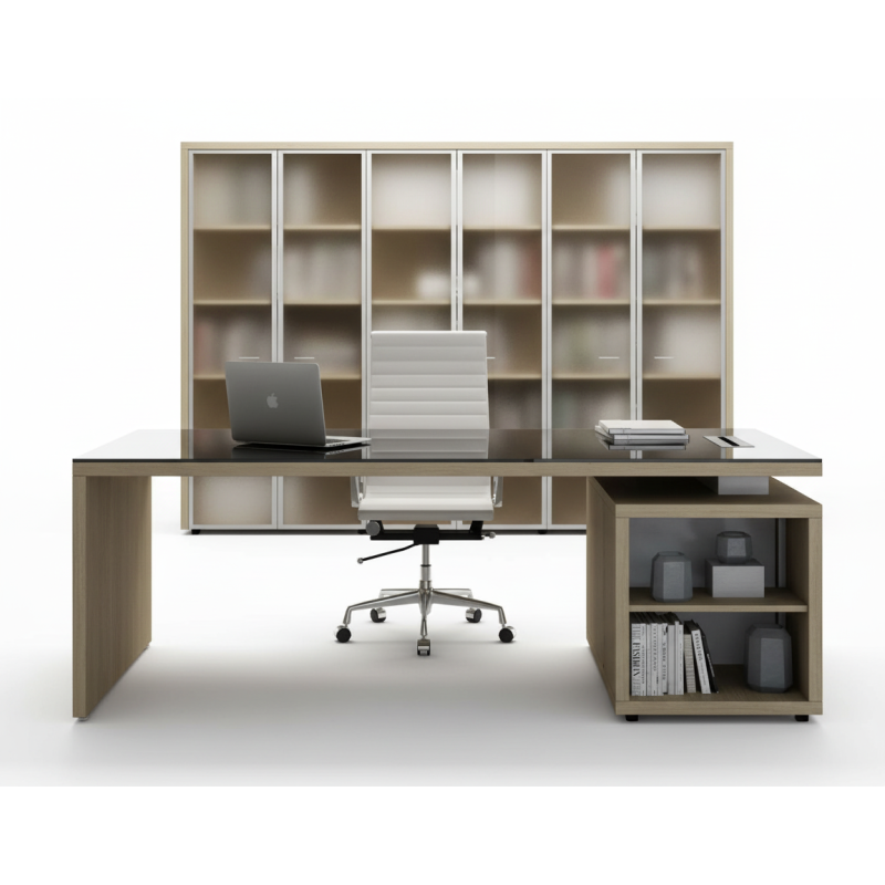 Escritorio de oficina en madera y vidrio con estantes - Escritorios directivos - Muebles de oficina de alta calidad al mejor precio 