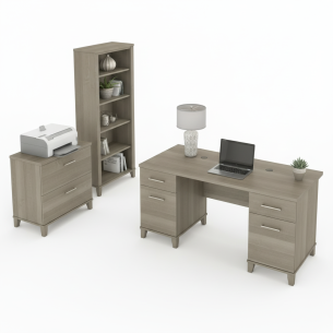 Escritorio de oficina Somerset de 60 W con gabinete y librería de 5 estantes en gris ceniza