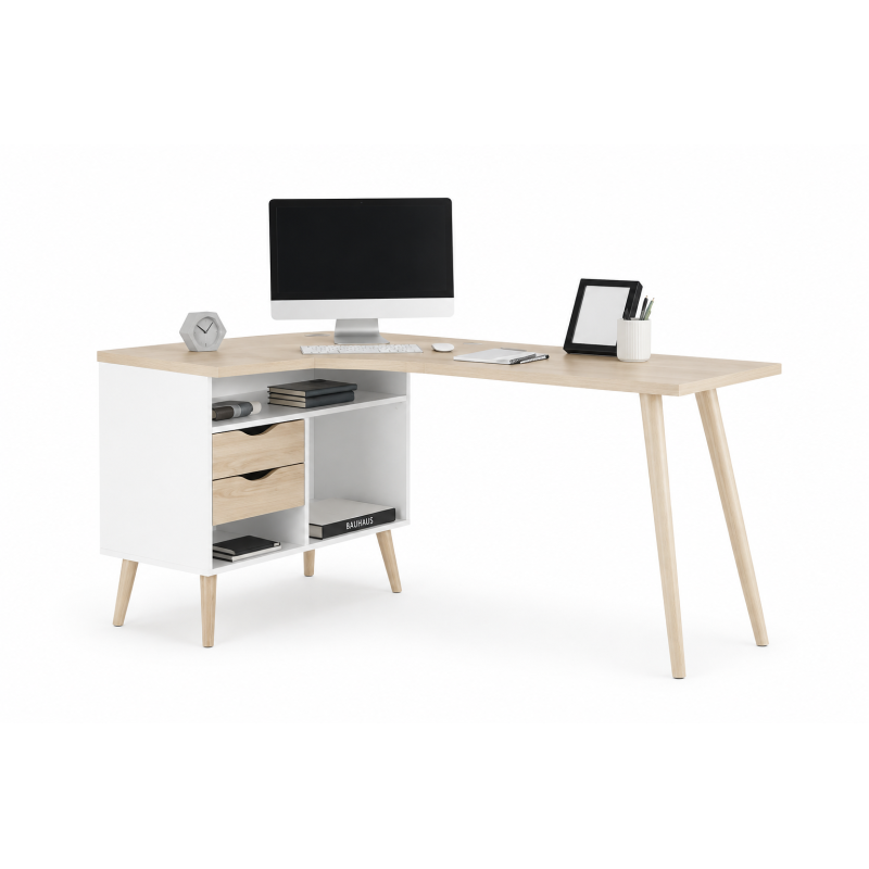 Escritorio de computadora de escritorio con estante para oficina en casa efecto roble en forma de L - Inicio - Muebles de oficina de alta calidad al mejor precio 