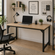 Mesa de escritorio de computadora, mesa con bolsa de almacenamiento y gancho